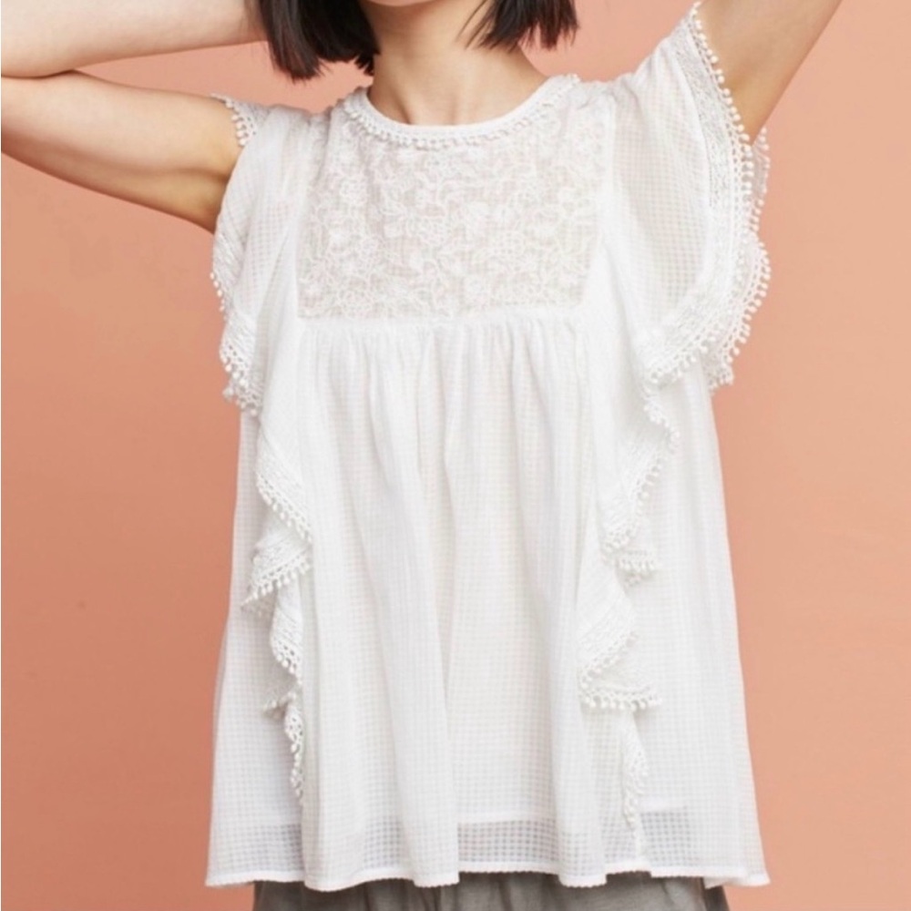 Maeve White Lace Yoke Ruffle Sleeveless Blouse